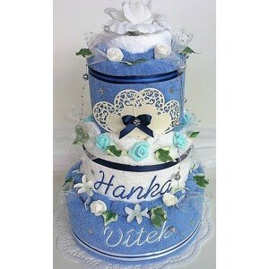 VER Textilní dort třípatrový-modro/bílý s vyšitými jmény novomanželů